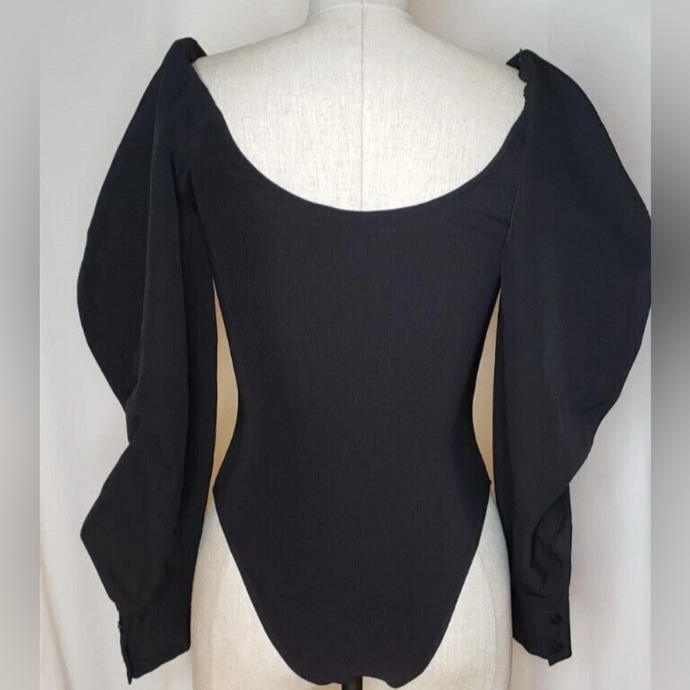 Zara Black Bodysuit Puffy Long Sleeve Square Neck Top Size Small